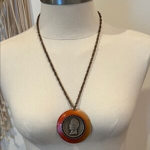 Vintage Chunky Charles X Roi de France Coin Pendant Necklace Orange Gold Tones